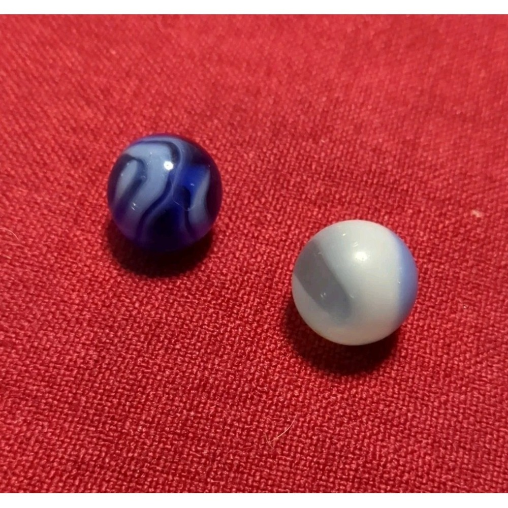 Vintage Akro Agate Blue &White Glass Marbles (2)